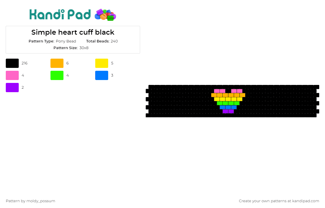 Simple heart cuff black - Pony Bead Pattern by moldy_possum on Kandi Pad - heart,love,rainbow,cuff
