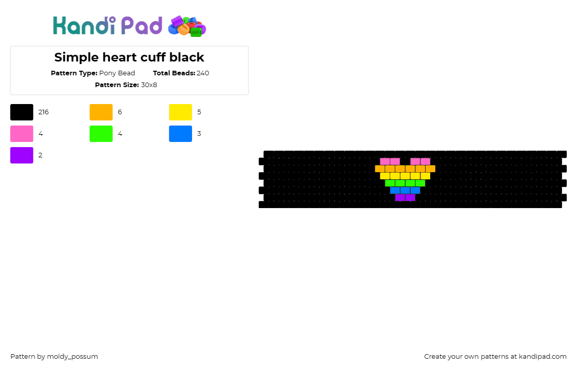 Simple heart cuff black - Pony Bead Pattern by moldy_possum on Kandi Pad - heart,love,colorful,cuff,dark,black