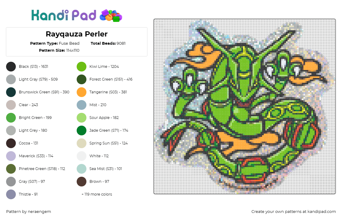 Rayqauza Perler - Fuse Bead Pattern by neraengem on Kandi Pad - rayquaza,pokemon,dragon,gaming,character,green