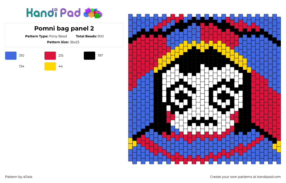 Pomni bag panel 2 - Pony Bead Pattern by a11aie on Kandi Pad - pomni,amazing digital circus,hypnotic,spiral,swirl,head,cartoon,tv show,colorful,panel,bag,red,blue,white