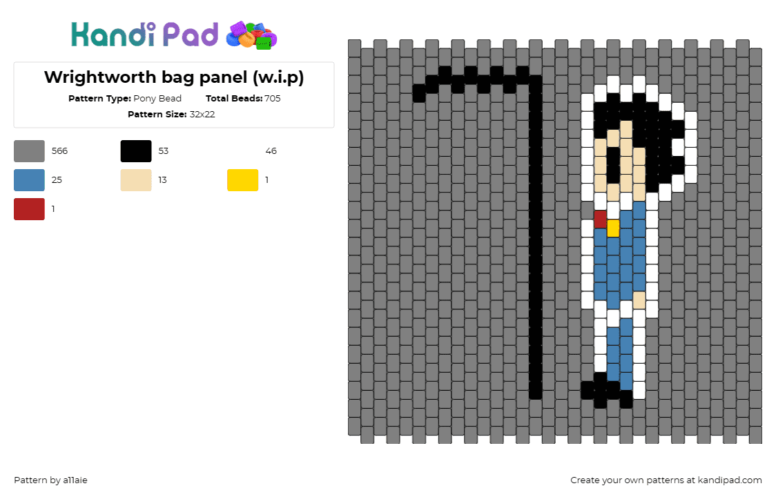 Wrightworth bag panel (w.i.p) - Pony Bead Pattern by a11aie on Kandi Pad - wrightworth,ace attorney,character,anime,video game,tv show,panel,gray,blue