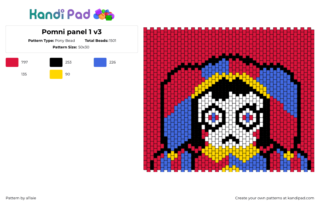 Pomni panel 1 v3 - Pony Bead Pattern by a11aie on Kandi Pad - pomni,amazing digital circus,cartoon,tv show,colorful,panel,bag,red,blue,white