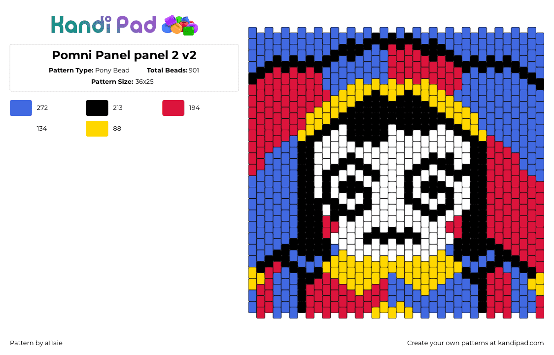 Pomni front panel 2 v2 - Pony Bead Pattern by a11aie on Kandi Pad - pomni,amazing digital circus,hypnotic,spiral,swirl,head,cartoon,tv show,colorful,panel,bag,red,blue,white