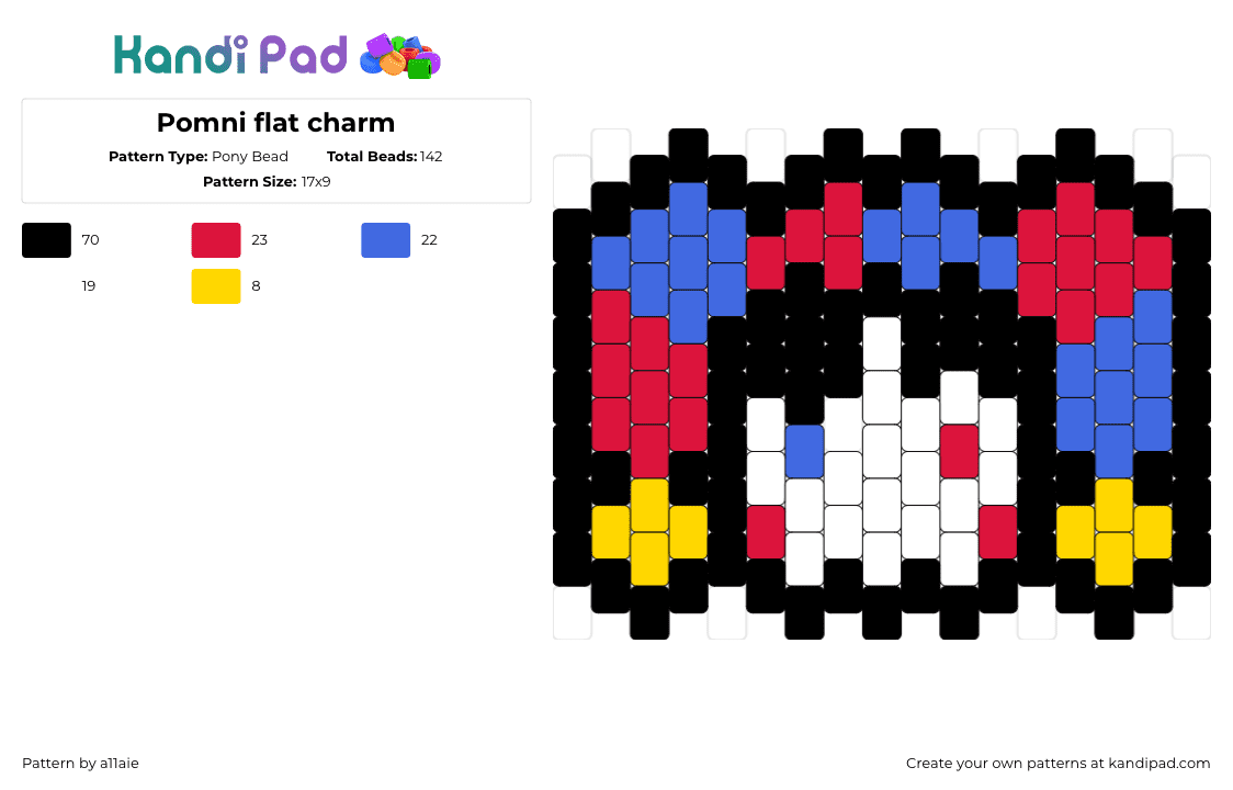 Pomni flat charm - Pony Bead Pattern by a11aie on Kandi Pad - pomni,amazing digital circus,character,head,animation,tv show,red,blue,yellow,white