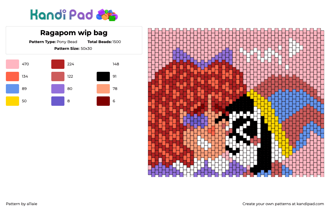 Ragapom wip bag - Pony Bead Pattern by a11aie on Kandi Pad - ragapom,ragatha,pomni,amazing digital circus,love,panel,bag,tv show,animation,pink,orange