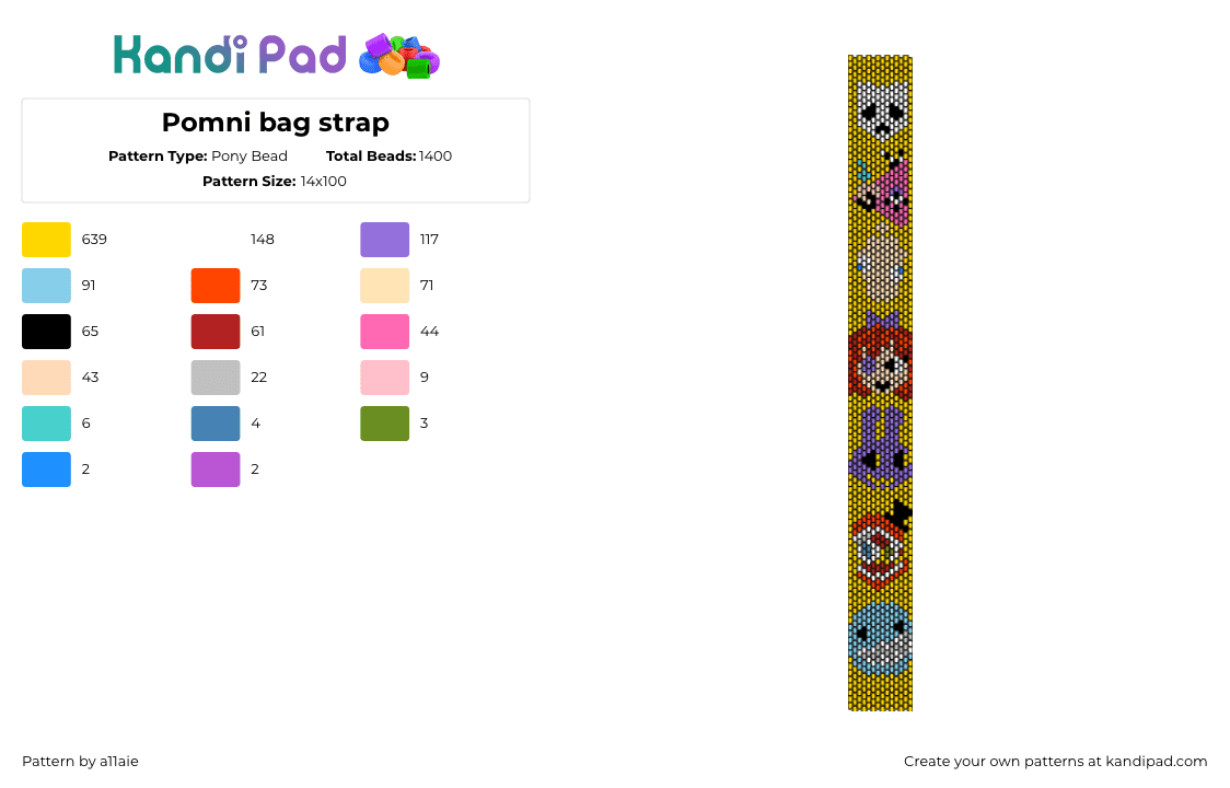 Pomni bag strap (guys I promise it looks better when I was creating it) - Pony Bead Pattern by a11aie on Kandi Pad - amazing digital circus,pomni,strap,bag,animation,tv show,colorful,yellow,purple