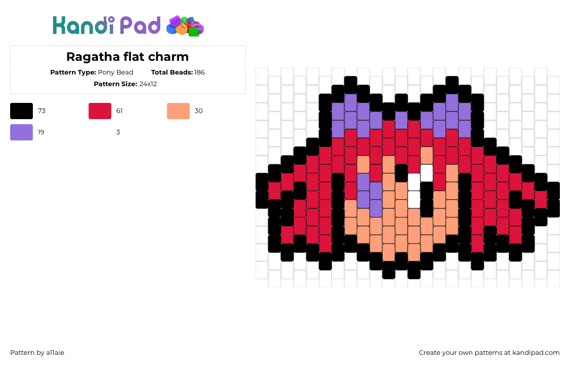 Ragatha flat charm - Pony Bead Pattern by a11aie on Kandi Pad - ragatha,amazing digital circus,character,head,animation,tv show,red,purple,tan