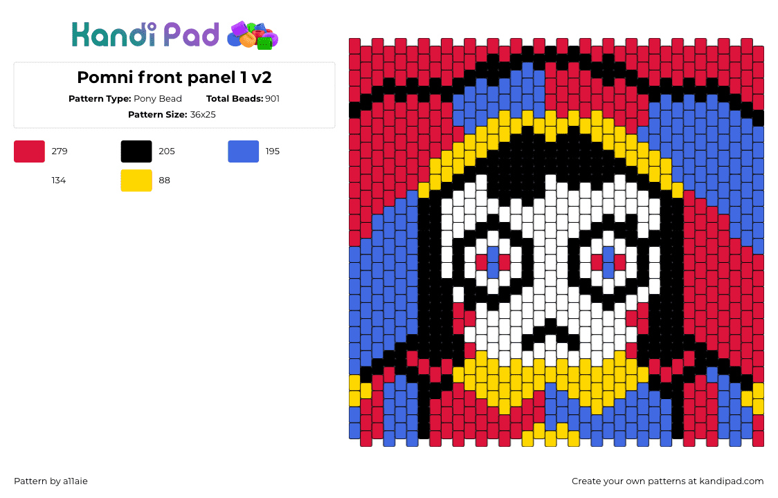 Pomni front panel 1 v2 - Pony Bead Pattern by a11aie on Kandi Pad - pomni,amazing digital circus,hypnotic,head,cartoon,tv show,colorful,panel,bag,red,blue,white