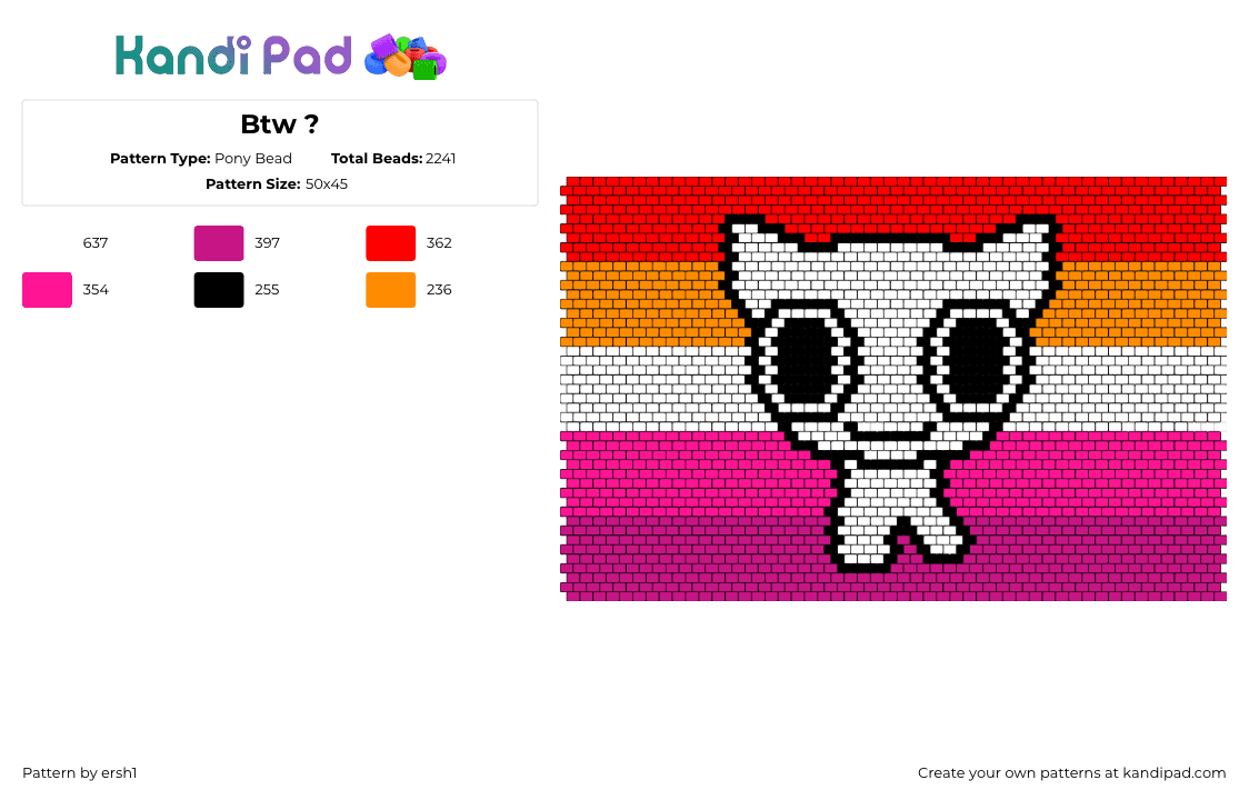 Btw ? - Pony Bead Pattern by ersh1 on Kandi Pad - btw,adhd,eyes,creature,smile,panel,pink,white,orange