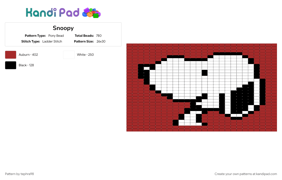 Snoopy - Pony Bead Pattern by tephra98 on Kandi Pad - character, dog, easy, red, simple design, snoopy, white