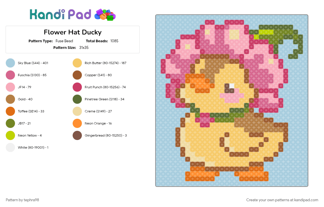 Flower Hat Ducky - Fuse Bead Pattern by tephra98 on Kandi Pad - animal, bird, colorful, cute, duck, flower, hat, light blue, nature, pink, tan, yellow