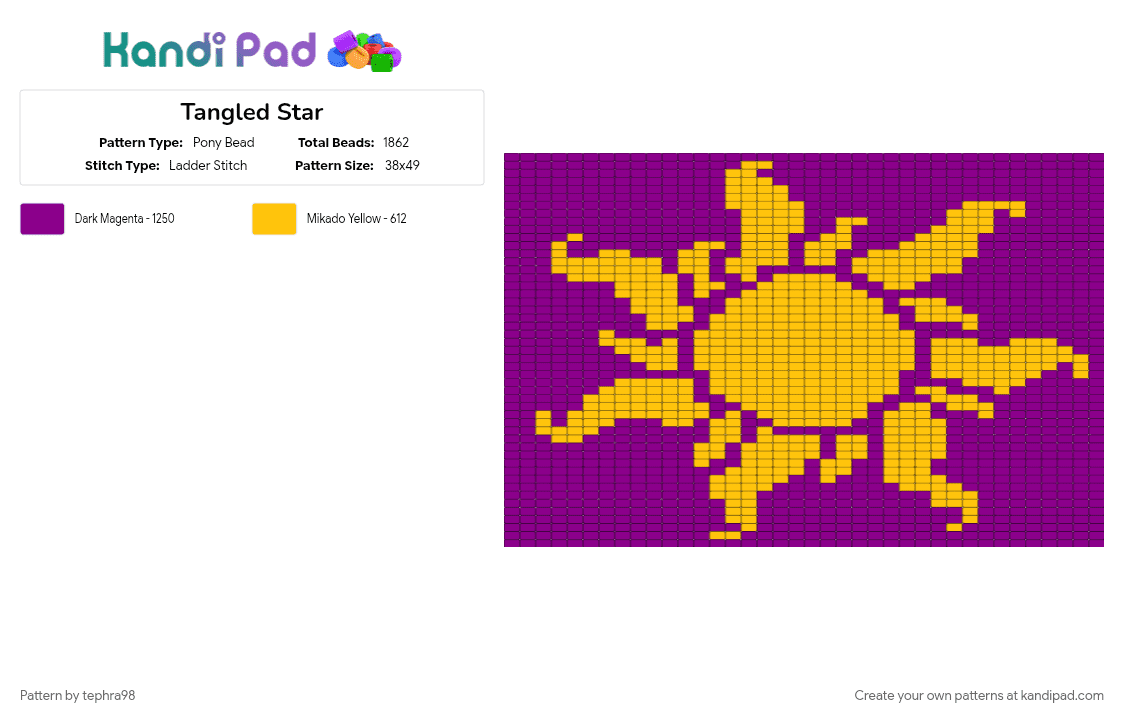 Tangled Star - Pony Bead Pattern by tephra98 on Kandi Pad - easy pattern, pink, purple, star, tangled, yellow