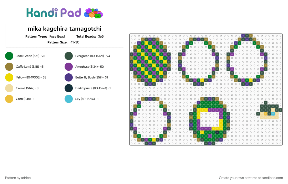 mika kagehira tamagotchi - Fuse Bead Pattern by adrien on Kandi Pad - gold, gray, green, pink