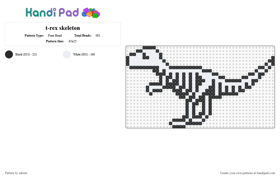 t-rex skeleton - Fuse Bead Pattern by adrien on Kandi Pad - white,black,dinosaur,paleontology,paleo,skeleton