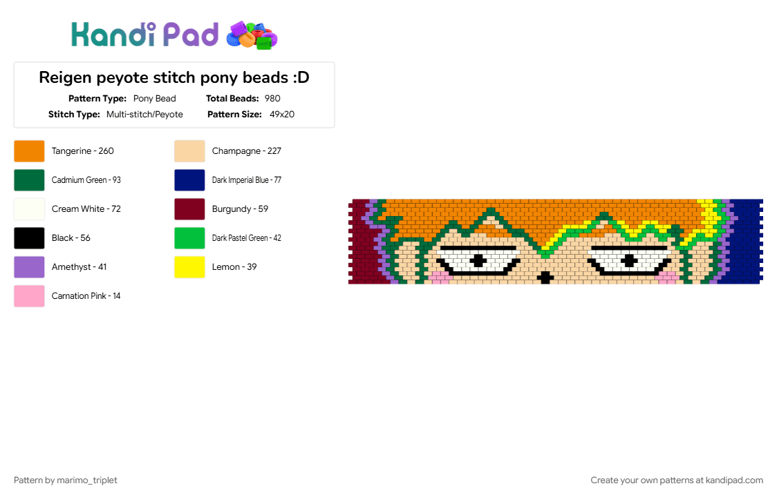 Reigen peyote stitch pony beads :D - Pony Bead Pattern by marimo_triplet on Kandi Pad - beige, green, orange, purple