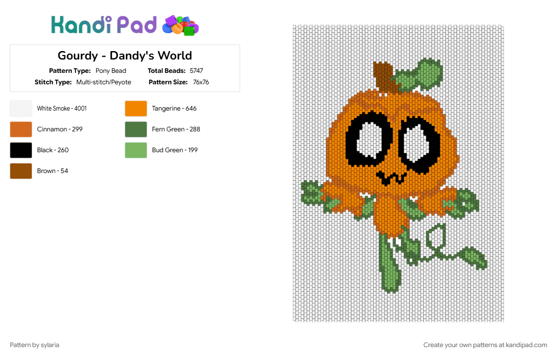 Gourdy - Dandy\'s World - Pony Bead Pattern by sylaria on Kandi Pad - character, dandys world, gourdy dandys world, green, halloween, orange, pumpkin, white