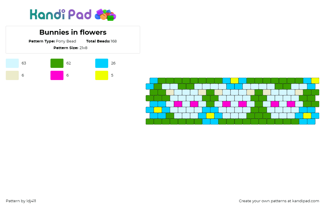 Bunnies in flowers - Pony Bead Pattern by ldj411 on Kandi Pad - bunnies,rabbits,flowers,animals,nature,plants,cuff,light blue,green