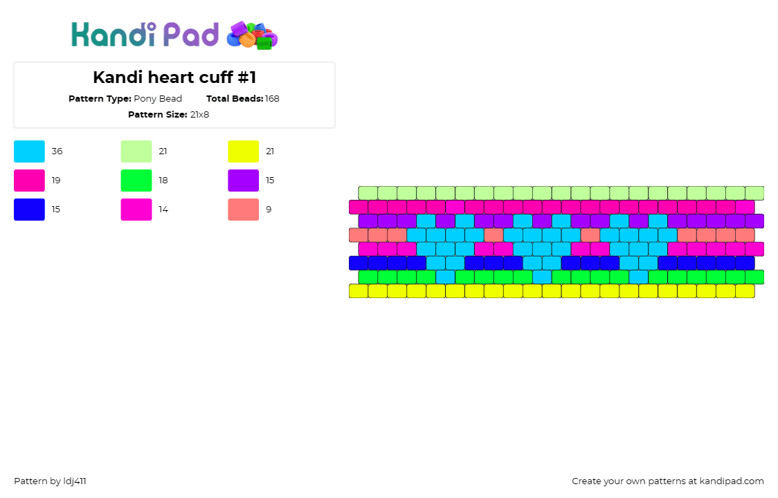 Kandi heart cuff #1 - Pony Bead Pattern by ldj411 on Kandi Pad - hearts,stripes,horizontal,cuff,colorful,bright,neon,blue,pink