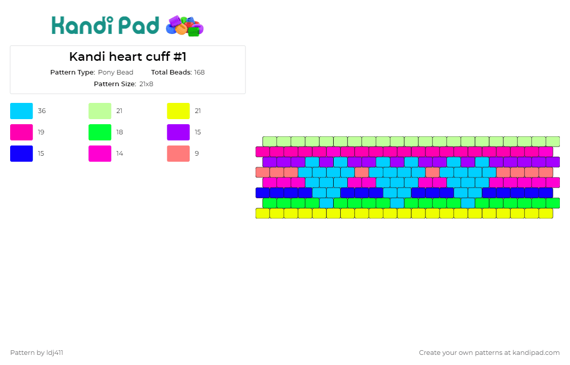 Kandi heart cuff #1 - Pony Bead Pattern by ldj411 on Kandi Pad - hearts,colorful,stripes,cuff,cuff
