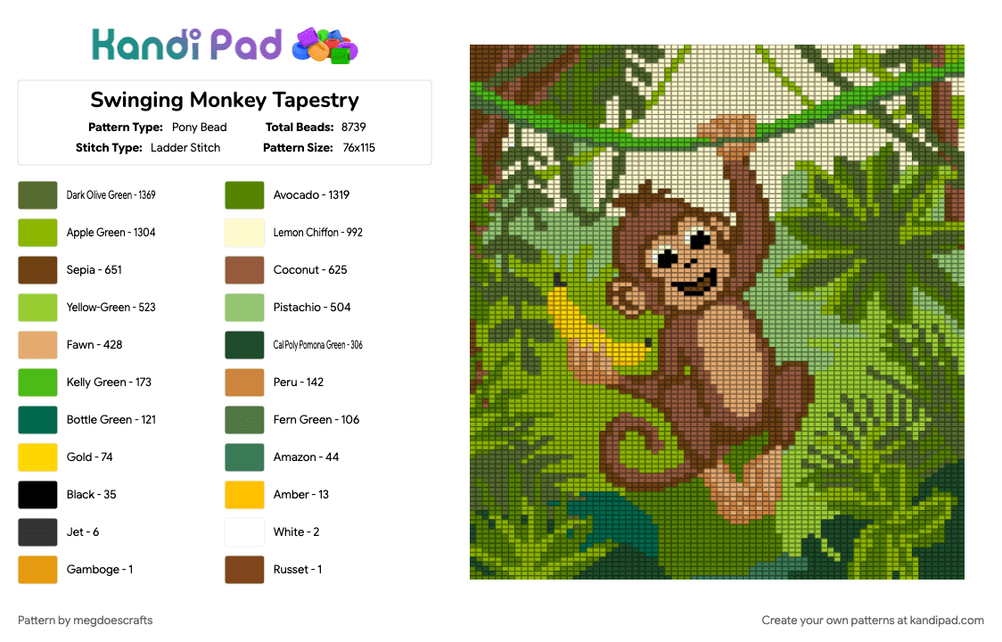 Swinging Monkey Tapestry - Pony Bead Pattern by megdoescrafts on Kandi Pad - banana, cotdjungles, cute, gold, green, jungle, monkey, tapestry, yellow