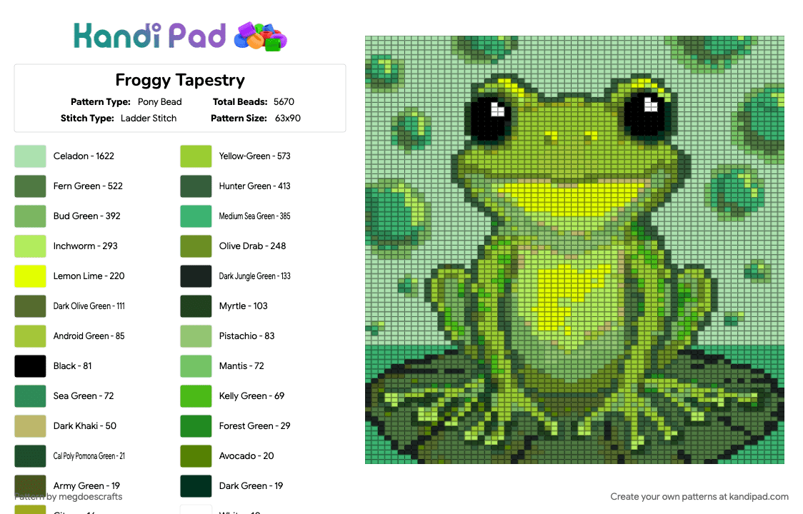 Froggy Tapestry - Pony Bead Pattern by megdoescrafts on Kandi Pad - amphibian, animal, cotdslimy, frog, green, tapestry, teal