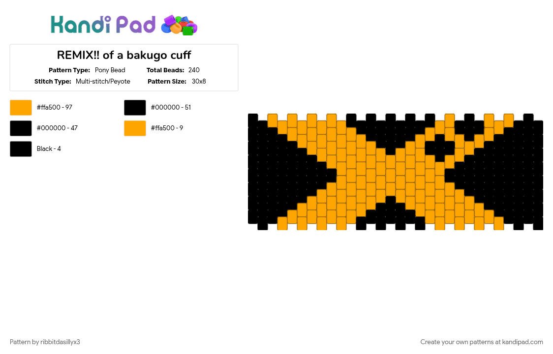 REMIX!! of a bakugo cuff - Pony Bead Pattern by ribbitdasillyx3 on Kandi Pad - anime, bakugo, black, cuffs, katsuki, not moine, orange