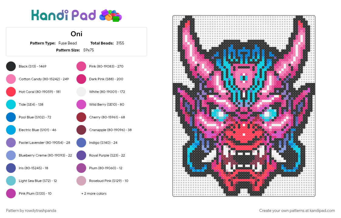 Oni - Fuse Bead Pattern by rowdytrashpanda on Kandi Pad - black, light blue, pink, red