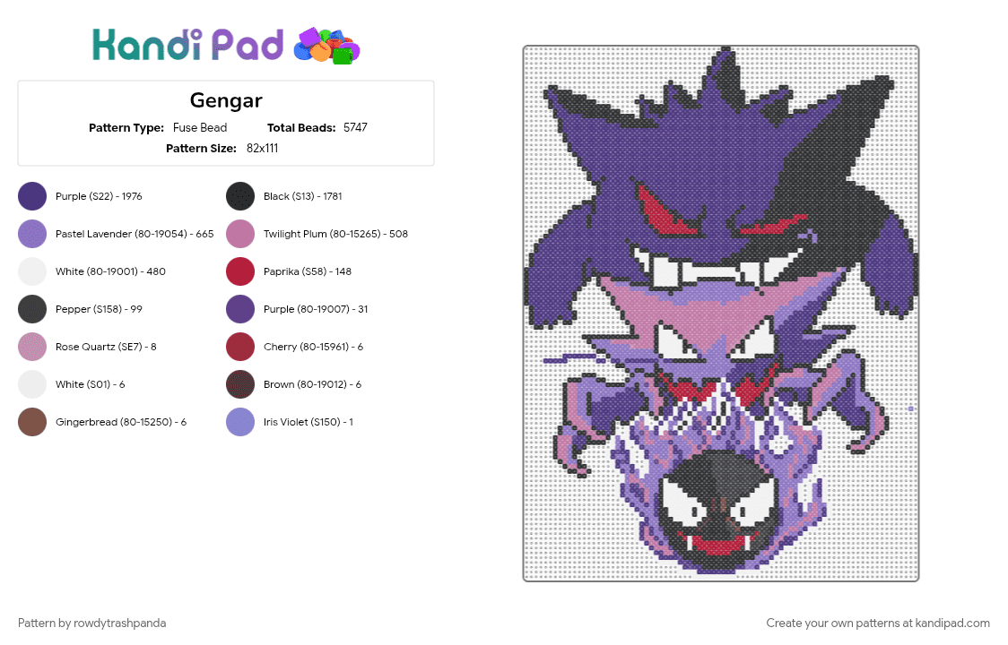 Gengar - Fuse Bead Pattern by rowdytrashpanda on Kandi Pad - blue, pink, purple