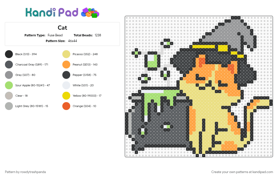 Cat - Fuse Bead Pattern by rowdytrashpanda on Kandi Pad - gray, orange, yellow
