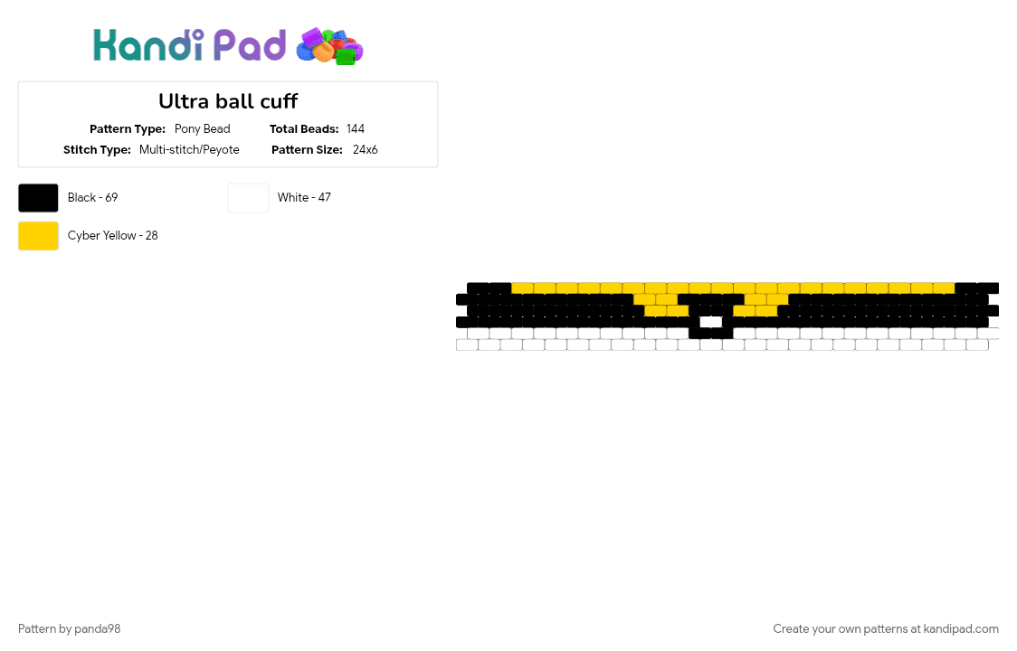 Ultra ball cuff - Pony Bead Pattern by panda98 on Kandi Pad - pokeball, pokemon, white, yellow
