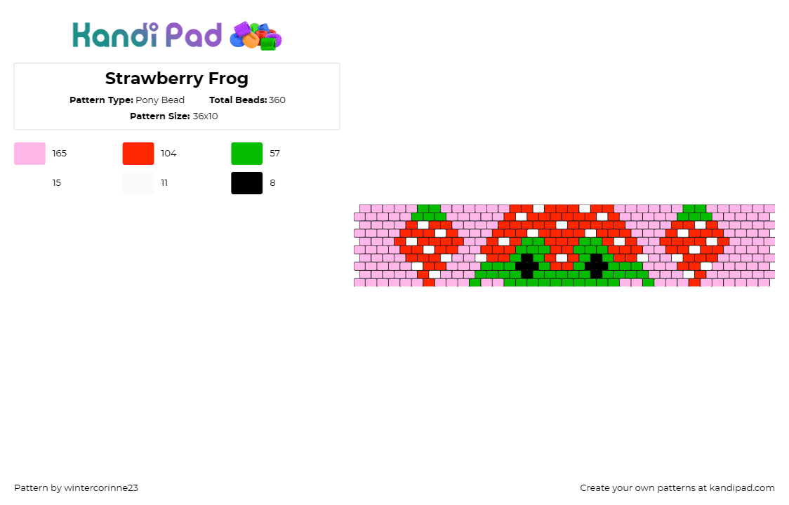 Strawberry Frog - Pony Bead Pattern by wintercorinne23 on Kandi Pad - frog,strawberries,animal,fruit,food,cuff,cute,pink,red,green