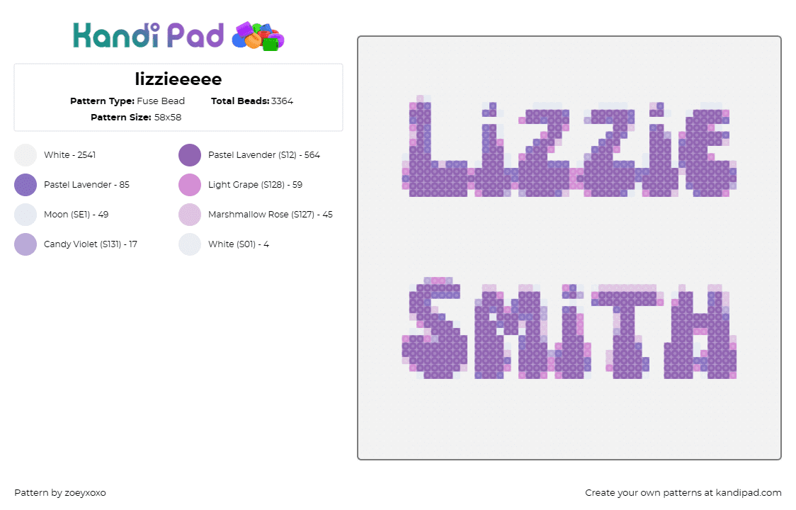 lizzieeeee - Fuse Bead Pattern by zoeyxoxo on Kandi Pad - lizzie smith,text,name,music,purple