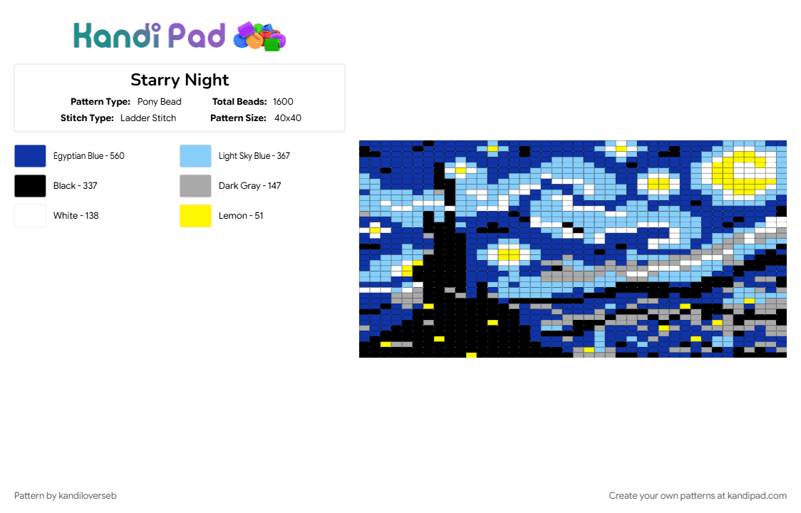 Starry Night - Pony Bead Pattern by kandiloverseb on Kandi Pad - beaded tapestry, city, light blue, night sky, purple, starry, starry night, vincent van gogh