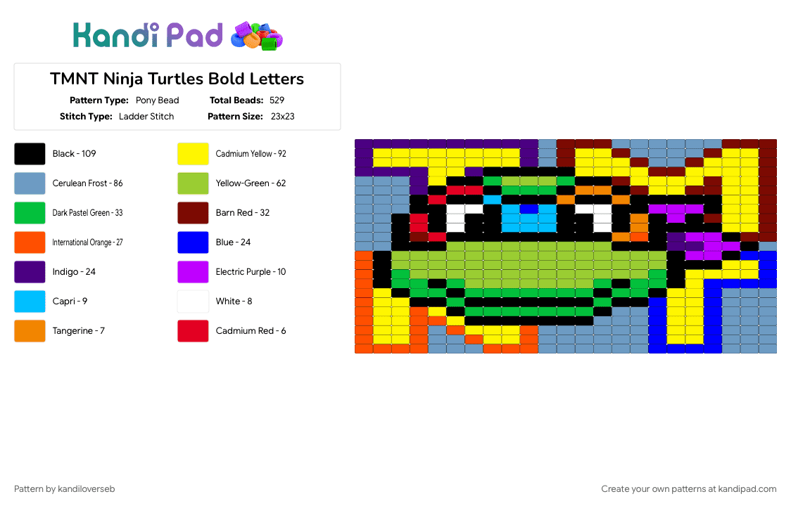 TMNT Ninja Turtles Bold Letters - Pony Bead Pattern by kandiloverseb on Kandi Pad - donatello, green, leonardo, light blue, michelangelo, purple, raphael, teenage mutant ninja turtles, tmnt, yellow