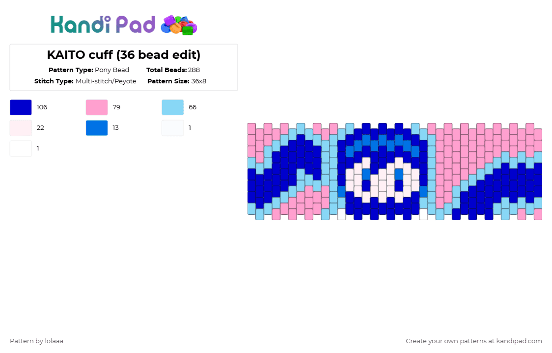 KAITO cuff (36 bead edit) - Pony Bead Pattern by lolaaa on Kandi Pad - pink,light blue,purple,kaito,vocaliod,pjsk