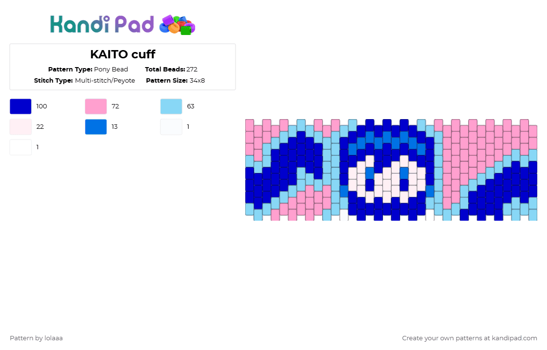 KAITO cuff - Pony Bead Pattern by lolaaa on Kandi Pad - purple,light blue,pink,kaito,vocaloid,pjsk