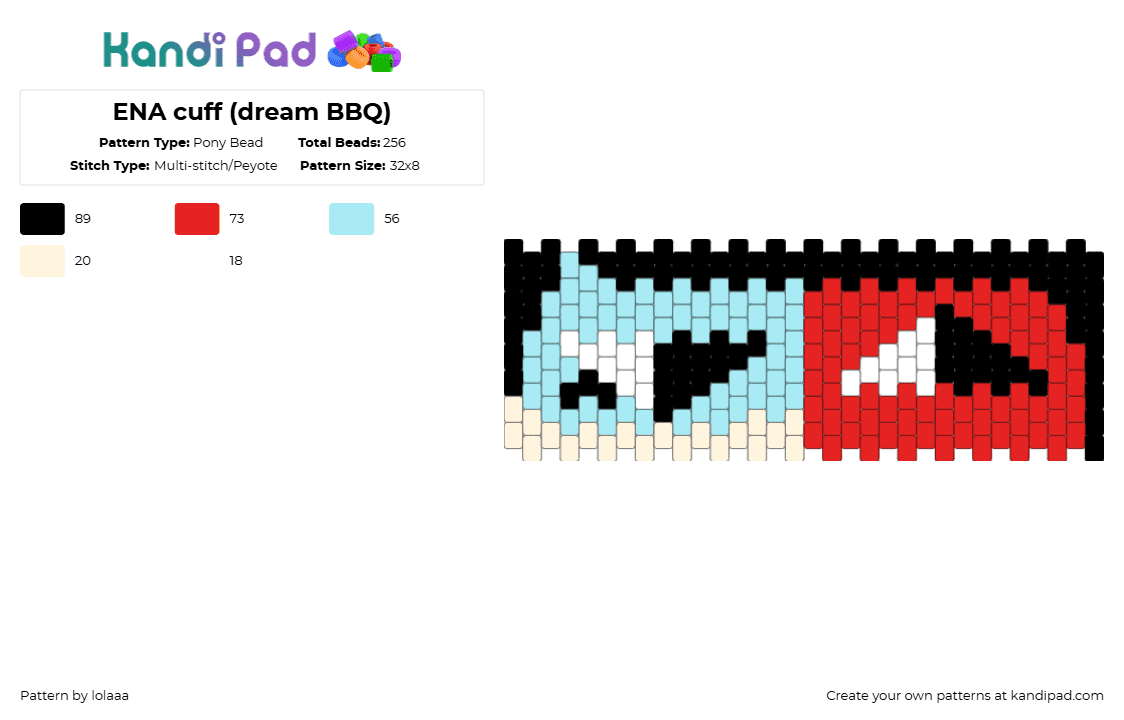 ENA cuff (dream BBQ) - Pony Bead Pattern by lolaaa on Kandi Pad - light blue,red,ena,animation,tv