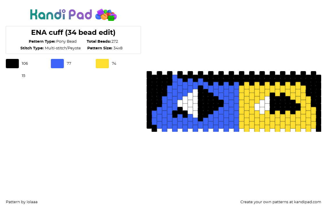 ENA cuff (34 bead edit) - Pony Bead Pattern by lolaaa on Kandi Pad - blue,yellow,ena,tv,animation