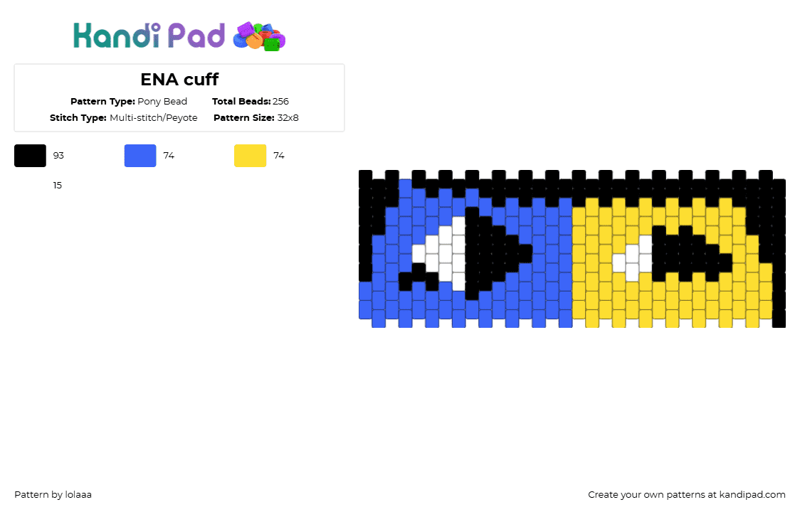 ENA cuff - Pony Bead Pattern by lolaaa on Kandi Pad - blue,yellow,ena,tv,animation