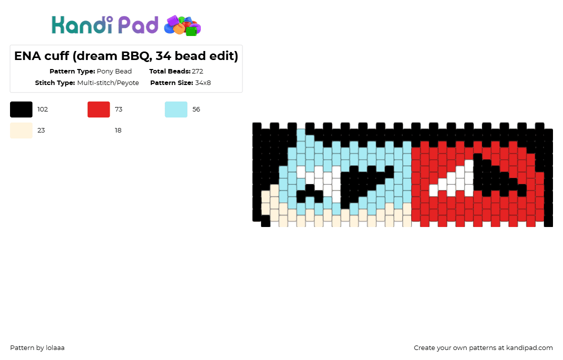 ENA cuff (dream BBQ, 34 bead edit) - Pony Bead Pattern by lolaaa on Kandi Pad - light blue,red,ena,tv,animation