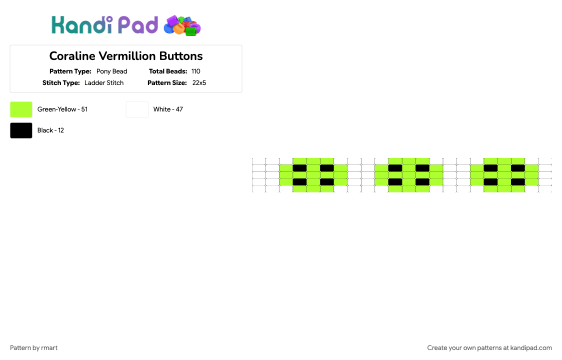 Coraline Vermillion Buttons - Pony Bead Pattern by rmart on Kandi Pad - green, white