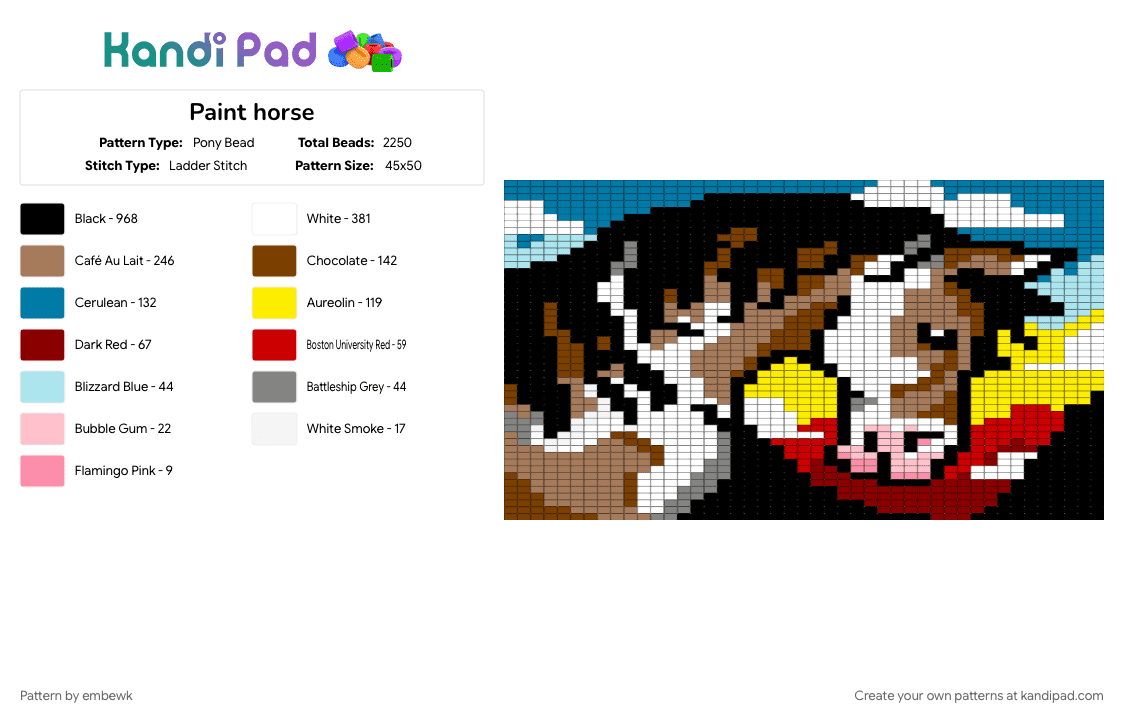 Paint horse - Pony Bead Pattern by embewk on Kandi Pad - blue, colorful, tan, yellow