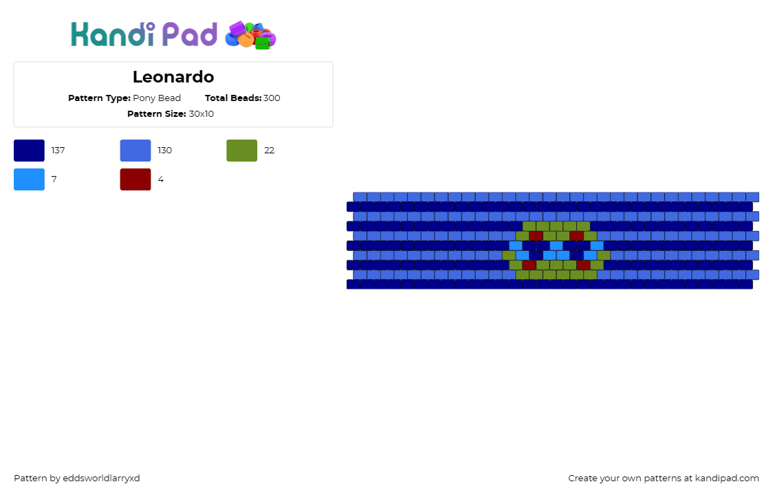 Leonardo - Pony Bead Pattern by eddsworldlarryxd on Kandi Pad - leonardo,tmnt,teenage mutant ninja turtles,cuff,stripes,blue