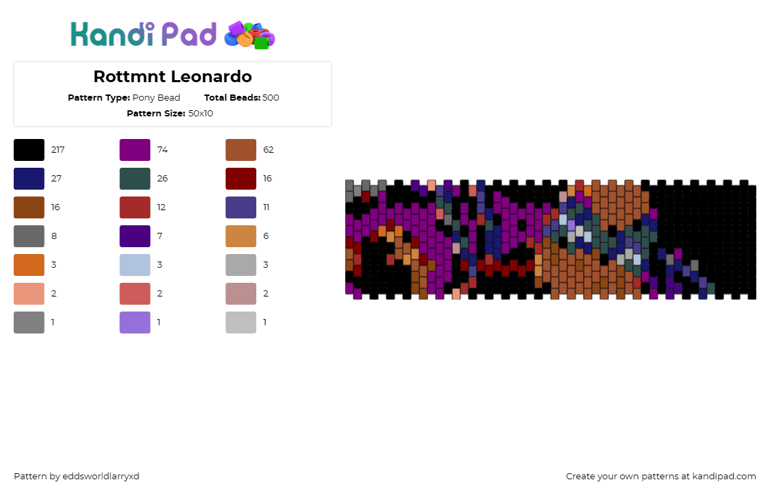 Rottmnt Leonardo - Pony Bead Pattern by eddsworldlarryxd on Kandi Pad - leonardo,rottmnt,teenage mutant ninja turtles,dark,cuff,black,brown