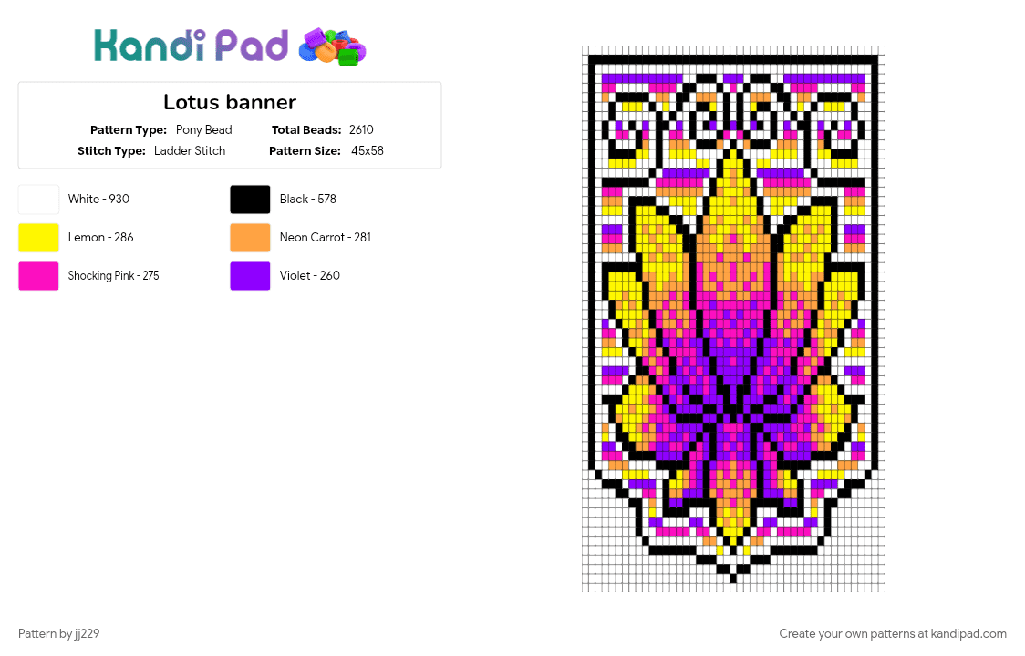 Lotus banner - Pony Bead Pattern by jj229 on Kandi Pad - colorful, purple, white, yellow