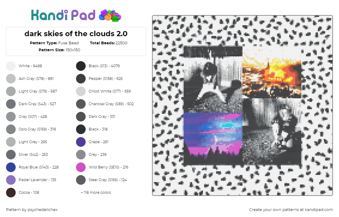 dark skies of the clouds 2.0 - Fuse Bead Pattern by psychedelichex on Kandi Pad - dark skies,of the clouds,album,music,grayscale