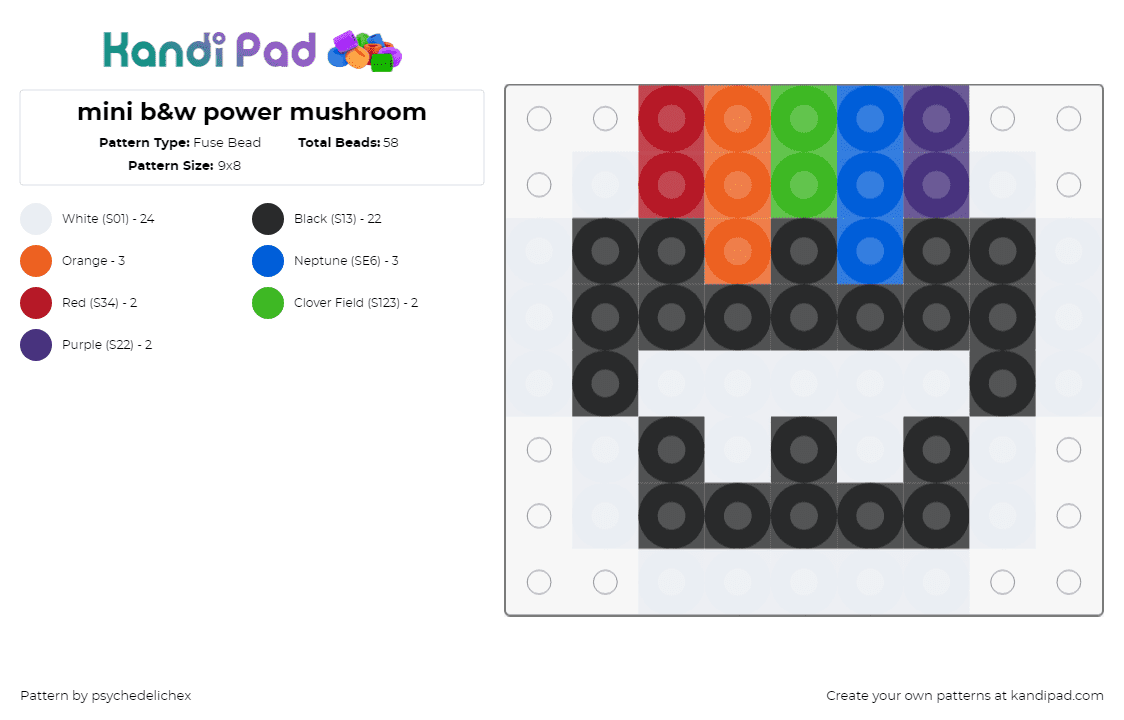 mini b&w power up mushroom (remix) - Fuse Bead Pattern by psychedelichex on Kandi Pad - mushroom,colorful,simple,black,white