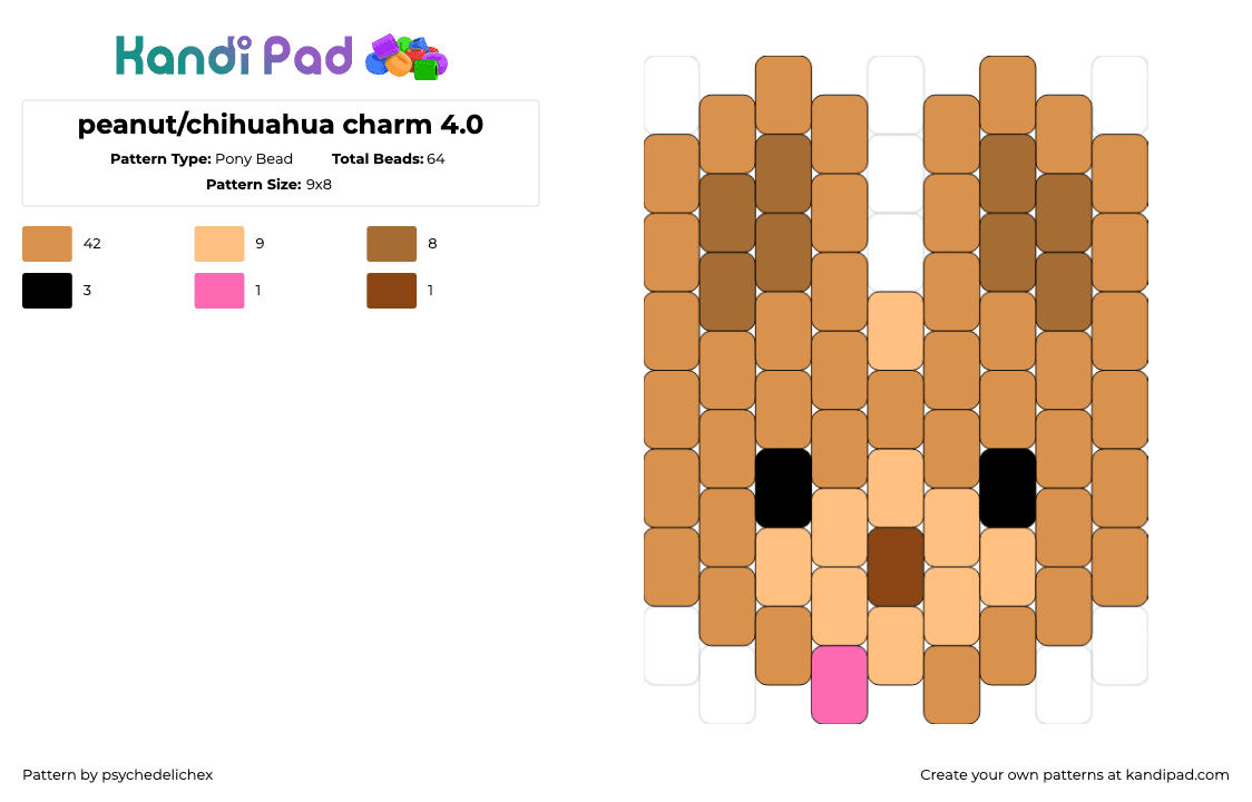 peanut/chihuahua charm 4.0 - Pony Bead Pattern by psychedelichex on Kandi Pad - chihuahua,dog,pet,animal,tan,brown