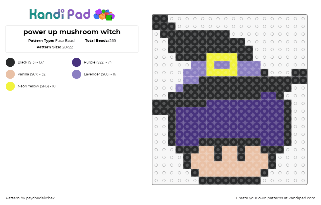 power up mushroom witch - Fuse Bead Pattern by psychedelichex on Kandi Pad - mushroom,witch,hat,mario,nintendo,costume,halloween,black,purple