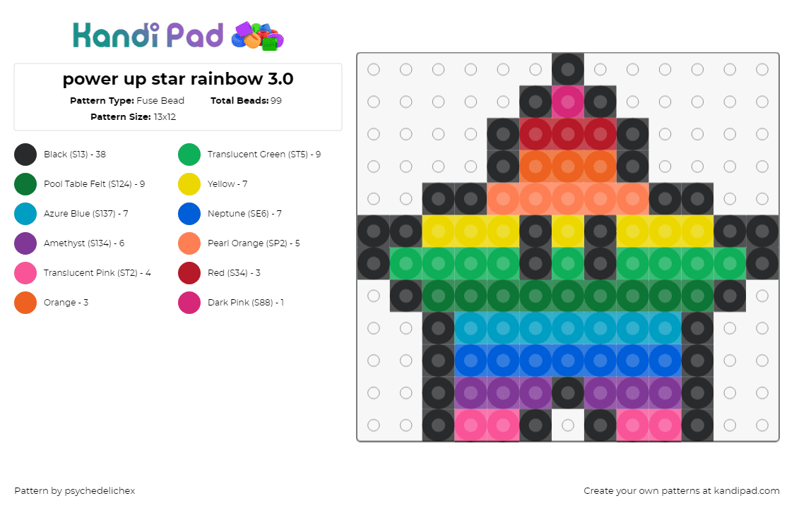 rainbow power up star 3.0 - Fuse Bead Pattern by psychedelichex on Kandi Pad - star,mario,rainbow,nintendo,video game,colorful,green